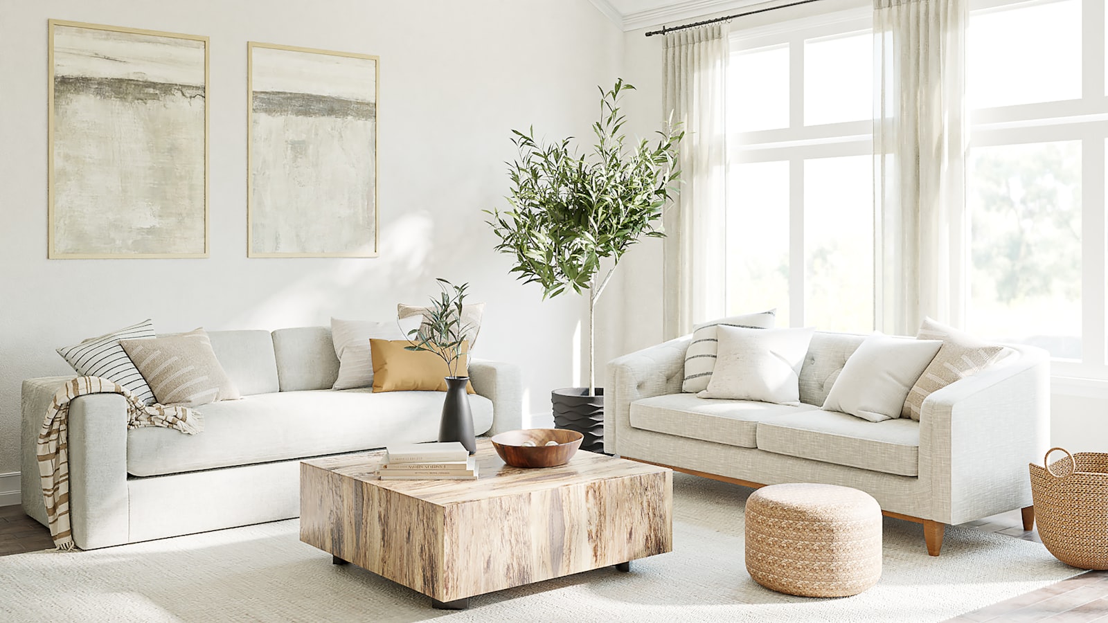 A bright, airy living room with a tall leafy tree beside sunlit windows and sheer curtains, in a light neutral palette